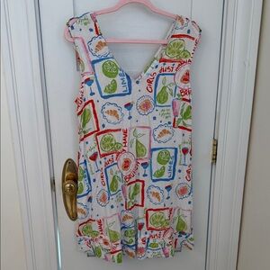 Linen Sleeveless V-Neck Fruit Print Dress - Lime & Multi